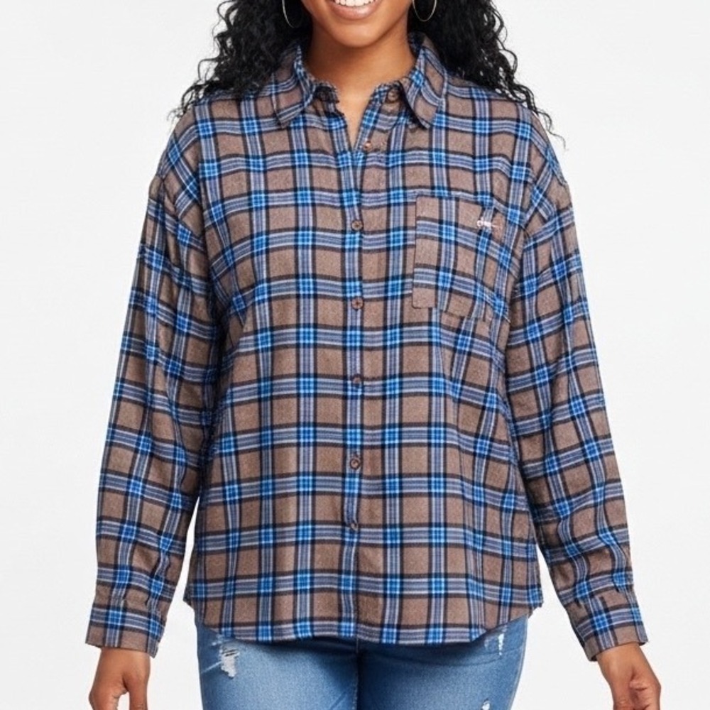 Boohoo Petite Plaid Flannel Button Up Long Sleeve Shirt Top Brown Blue